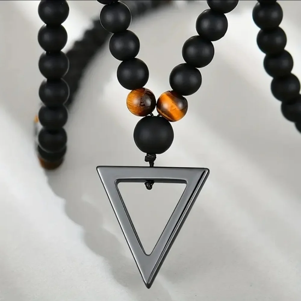 Men's Black & Brown Beaded Triangle Pendant Necklace